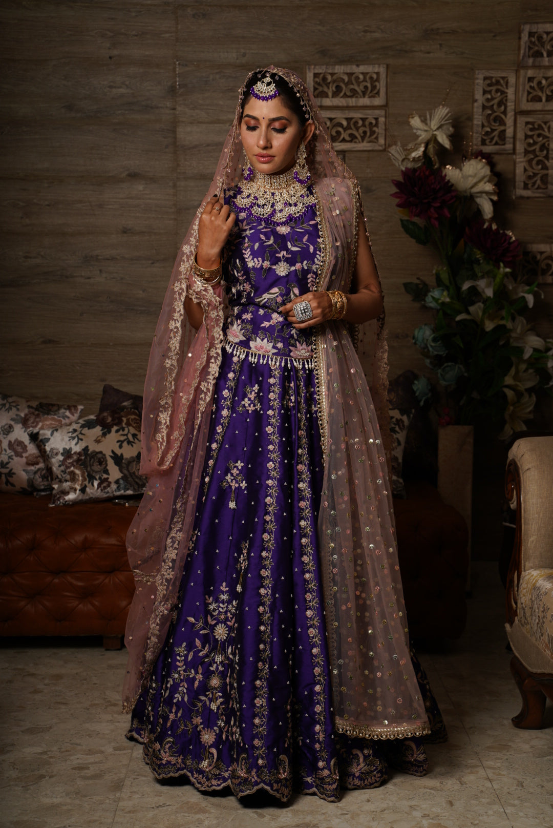 Backless Blouse with work and Lehenga