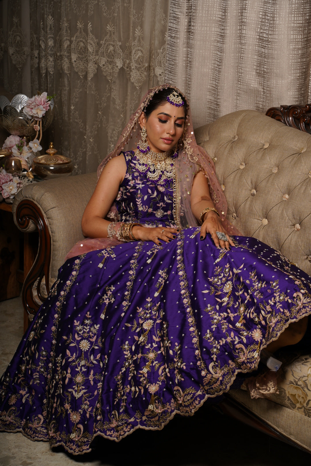 Backless Blouse with work and Lehenga